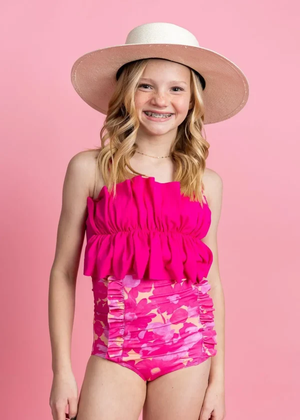 Pink Blooms | Youth Down in Front Ruffle Bottoms