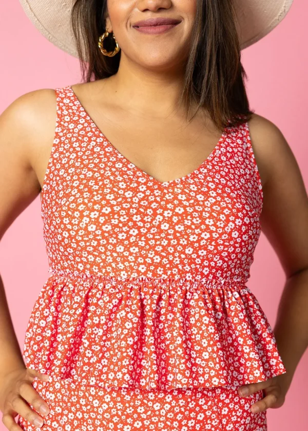 Red Ditsy Floral | V-Neck Top