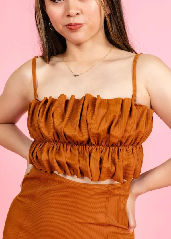Ribbed Caramel | Oversized Ruffle Top