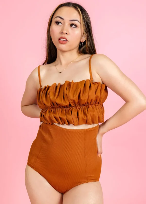 Ribbed Caramel | Oversized Ruffle Top