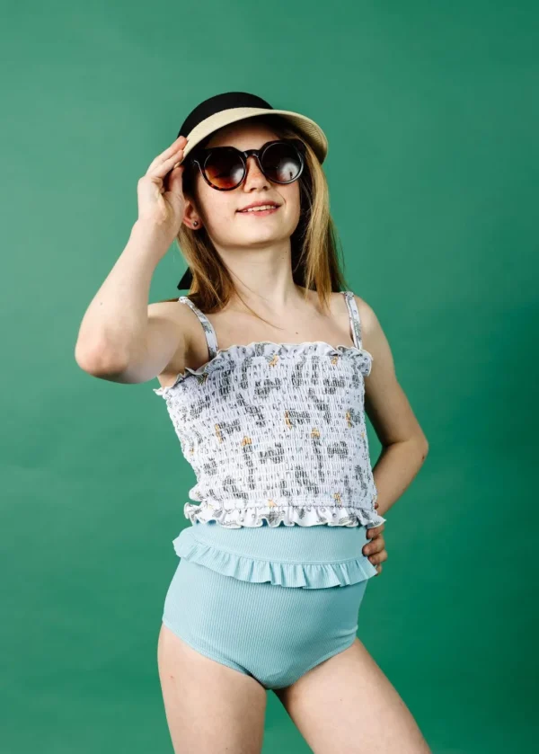 Ribbed Dusty Light Blue | Youth Mid-Ruffle Bottoms