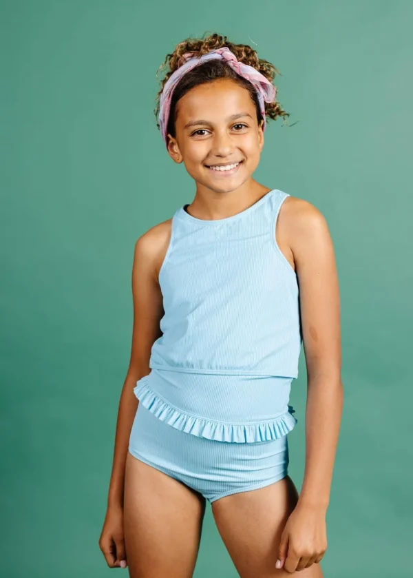 Ribbed Fresh Blue | Youth Mid-Ruffle Bottoms
