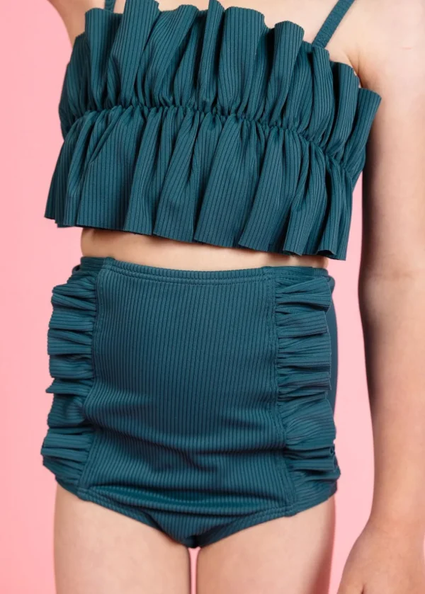 Ribbed Midnight Teal | Mini Down in Front Ruffle Bottoms