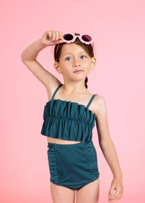 Ribbed Midnight Teal | Mini Down in Front Ruffle Bottoms