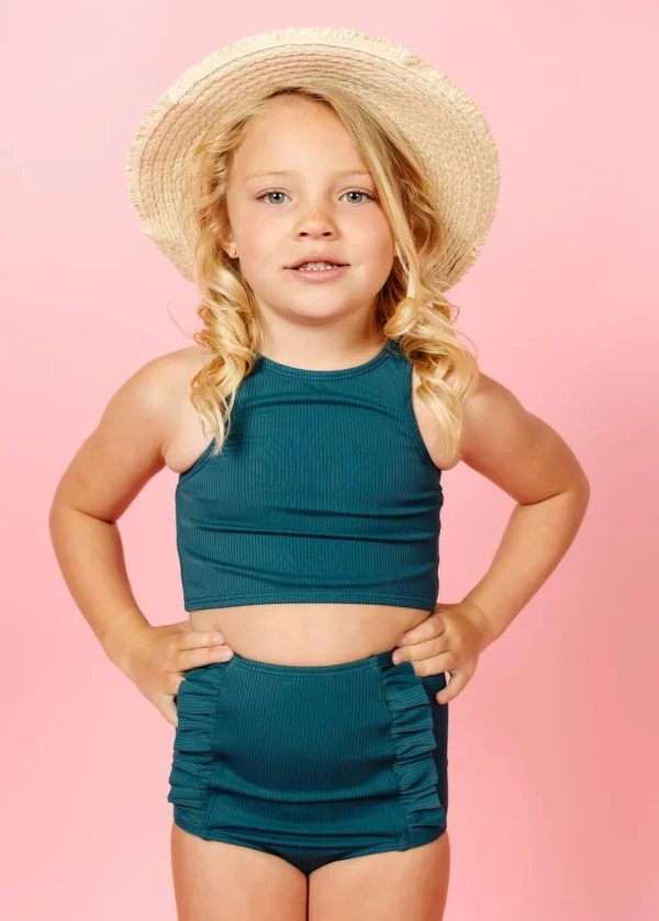 Ribbed Midnight Teal | Mini Down in Front Ruffle Bottoms