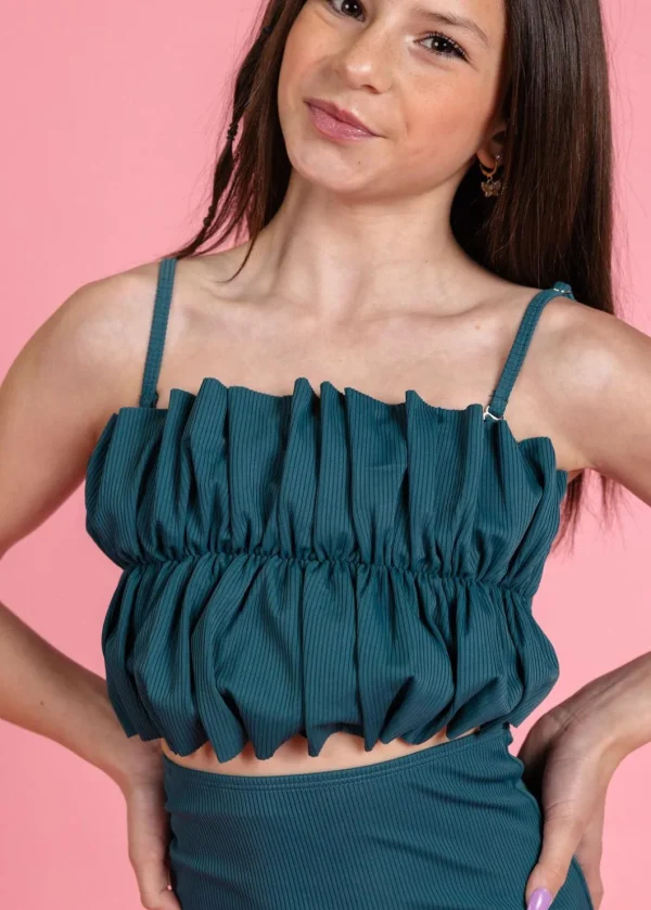 Ribbed Midnight Teal | Youth Oversized Ruffle Top