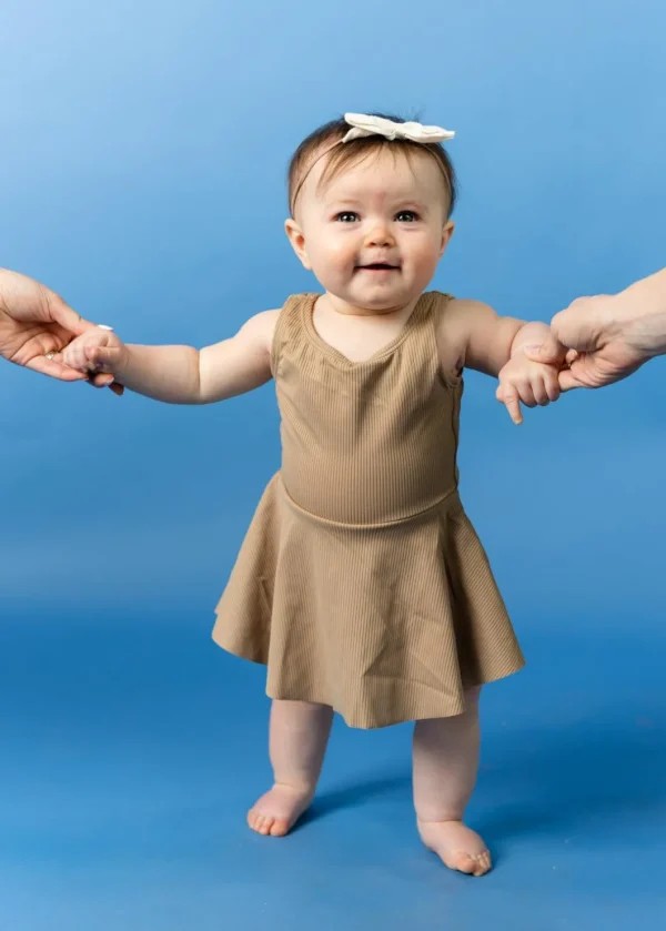 Ribbed Sand Brown | Baby Skirted One-Piece