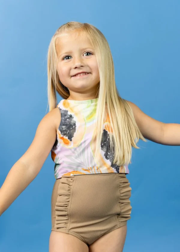 Ribbed Sand Brown | Mini Down in Front Ruffle Bottoms