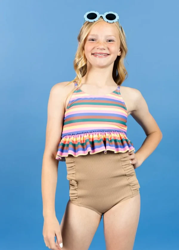 Ribbed Sand Brown | Youth Down in Front Ruffle Bottoms